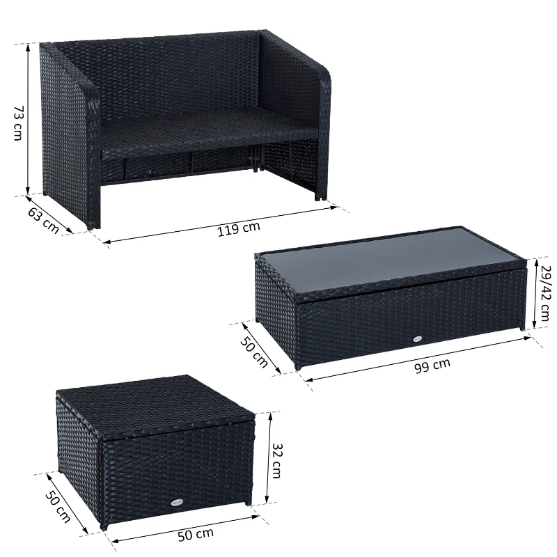 Outsunny 4-tlg. Polyrattan Gartenmöbel Sitzgruppe Gartenset Sofagarnitur Garnitur Lounge mit Kissen Schwarz 1 x Doppelsofa 1 x Couchtisch 2 x Hocker
