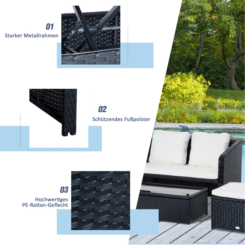 Outsunny 4-tlg. Polyrattan Gartenmöbel Sitzgruppe Gartenset Sofagarnitur Garnitur Lounge mit Kissen Schwarz 1 x Doppelsofa 1 x Couchtisch 2 x Hocker