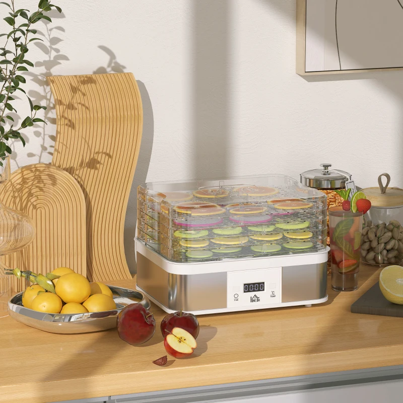HOMCOM 5 Tier Food Dehydrator, 245W Stainless Steel Food Dryer Machine with Adjustable Temperature, Timer and LCD Display for Drying Fruit, Meat, Vegetable, Jerky and Pet Treat, White
