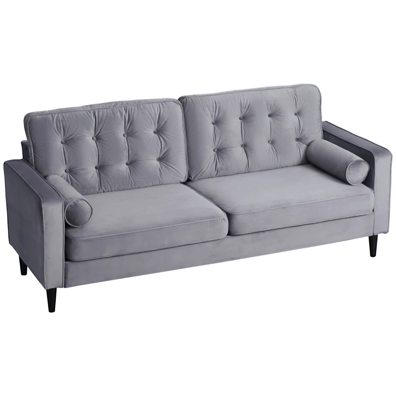 HOMCOM 3-Sitzer-Sofa im Retrodesign inkl. Kissen, Knopfheftung, Lattenrost, Samtoptik, Grau