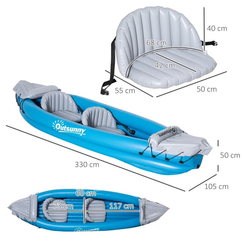 Outsunny Kayak Hinchable para 2 Personas Kayak Inflable Individual de PVC con 2 Asientos 2 Remos Bomba y Kit de Reparación 330x105x50 cm Azul