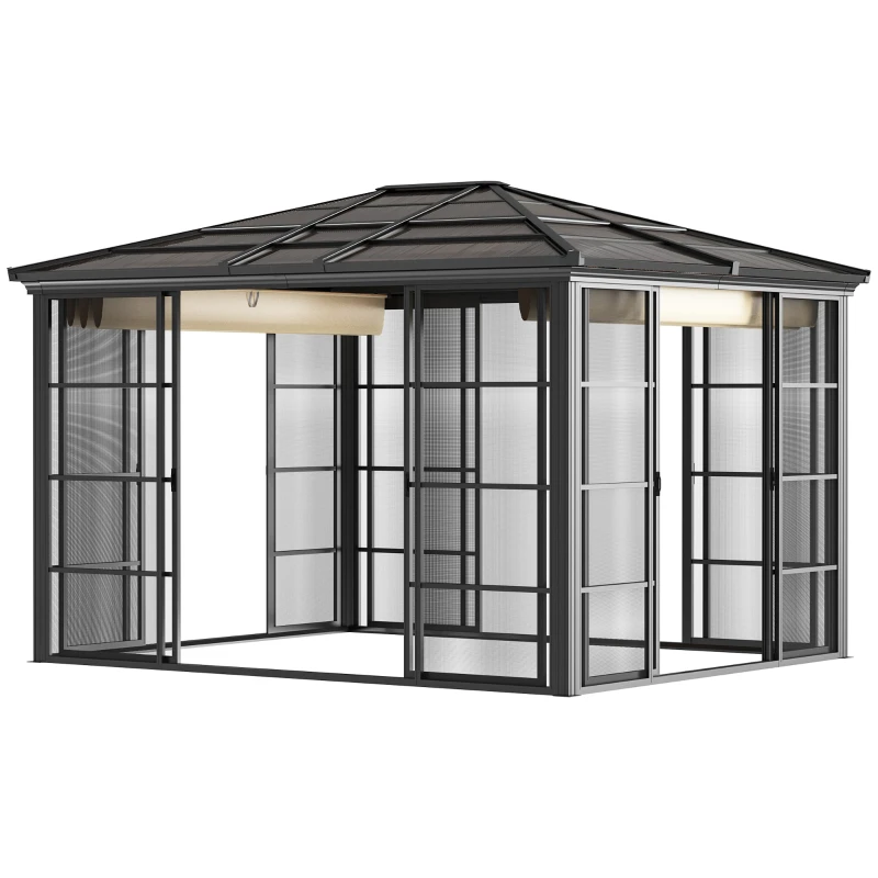 Outsunny Gartenpavillon mit Schiebedach, wetterbeständig, inkl. Moskitonetz, 365 cm x 300 cm x 262 cm, Schwarz + Khaki