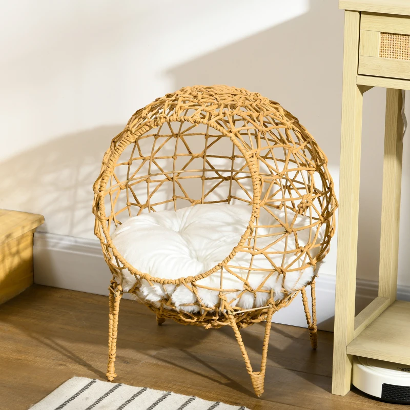 Pawhut Rattan Katzenkorb Katzenhöhle Katzenhütte Katzenbett mit Kissen erhöhtes Design Haustierbett Braun Ø45 x 57H cm