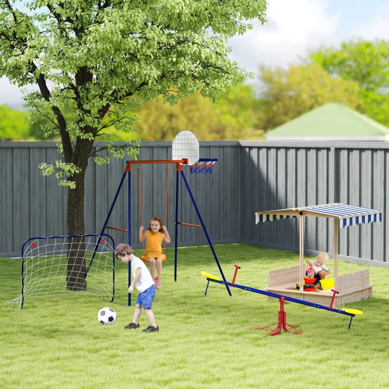 Outsunny Schommelset voor kinderen, voetbaldoel, basketbalring, voor 3 tot 8 jaar, stalen frame