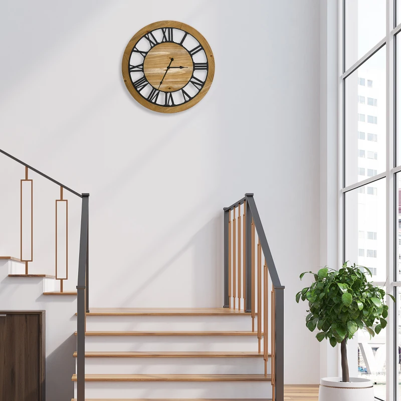 HOMCOM Wanduhr Vintage-Design 60 cm Durchmesser, mit römischen Zahlen, geräuschlos 60 cm x 60 cm x 4 cm Schwarz Natur