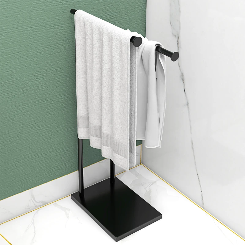 HOMCOM Toallero de Pie con 2 Barras y Marco Metálico Toallero de Baño Moderno en Forma de L 35,5x20x78 cm Negro