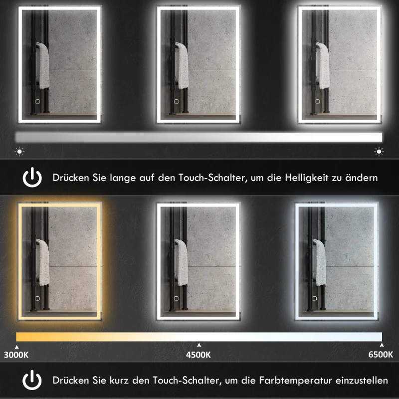HOMCOM Badspiegel mit Beleuchtung, Lichtspiegel, Badezimmerspiegel für Wandmontage, Wandspiegel, LED Spiegel, Silber, 70 x 50 x 4 cm