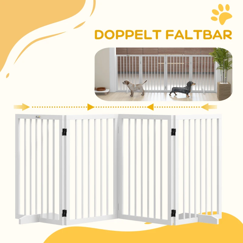 PawHut Opvouwbaar Hondenhek, Antislip, Ondersteuningsvoeten, Houten Frame, 206x35,5x76 cm, Wit