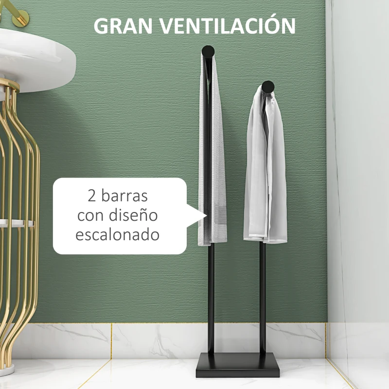 HOMCOM Toallero de Pie con 2 Barras y Marco Metálico Toallero de Baño Moderno en Forma de L 35,5x20x78 cm Negro