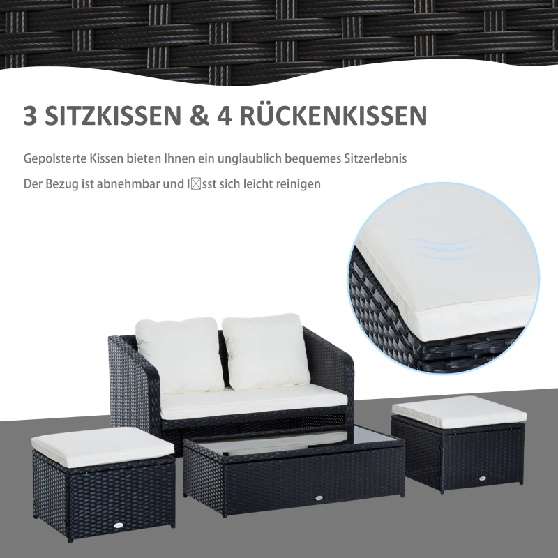 Outsunny 4-tlg. Polyrattan Gartenmöbel Sitzgruppe Gartenset Sofagarnitur Garnitur Lounge mit Kissen Schwarz 1 x Doppelsofa 1 x Couchtisch 2 x Hocker