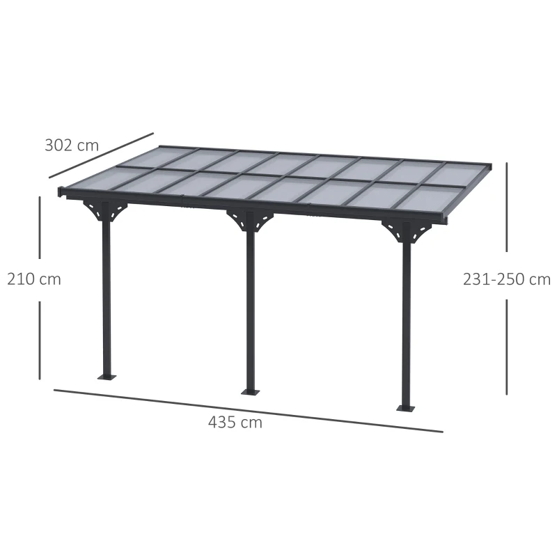 Outsunny Pergola Pavillon  4.35 x 3.02 m Gartenpavillon Überdachung Zelt 231-250 cm höhenverstellbar Sonnenschutz Terrassendach Anbaupavillion Aluminium Grau