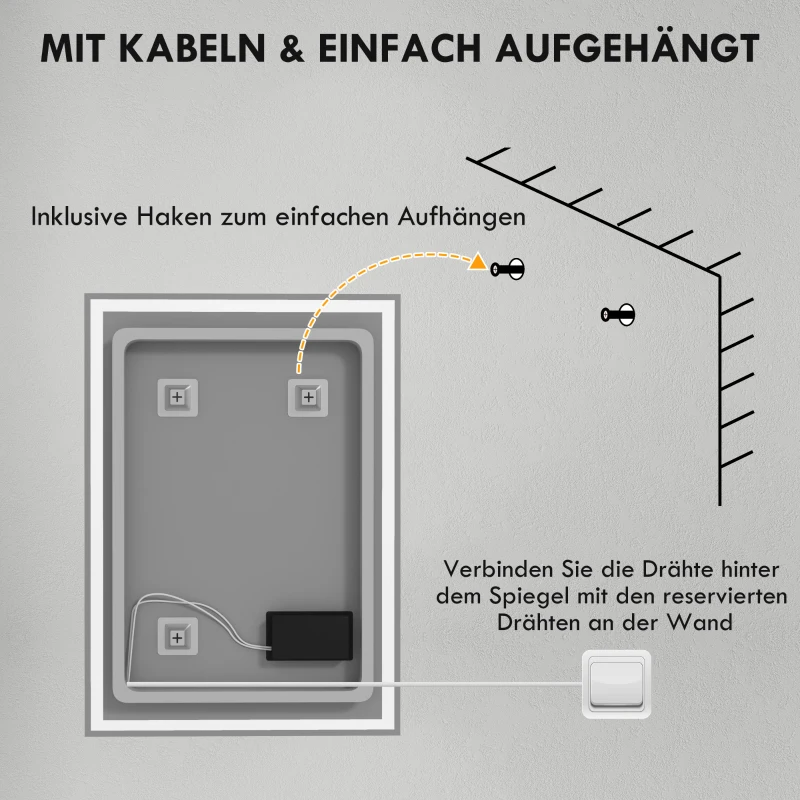 HOMCOM Badspiegel mit Beleuchtung, Lichtspiegel, Badezimmerspiegel für Wandmontage, Wandspiegel, LED Spiegel, Silber, 70 x 50 x 4 cm