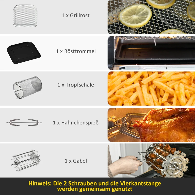 HOMCOM Heißluftfritteuse 11 L 1800W mit 8 Menüs Zubehör Backofen Dehydrator Barbecue für gesundes ölfreies fettarmes Kochen Stahl Schwarz 32 x 35,6 x 37,9 cm