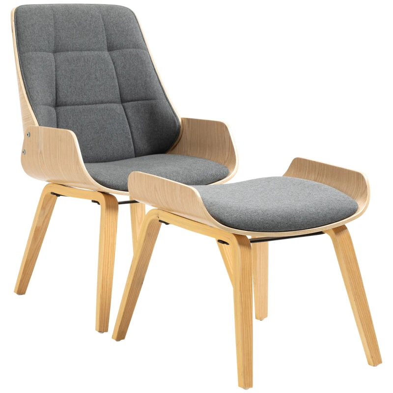 HOMCOM Sessel-Set im Skandidesign, Sessel mit Ottomane, weiche Polsterung, Bugholz, Leinenoptik, 54 x 62 x 96 cm