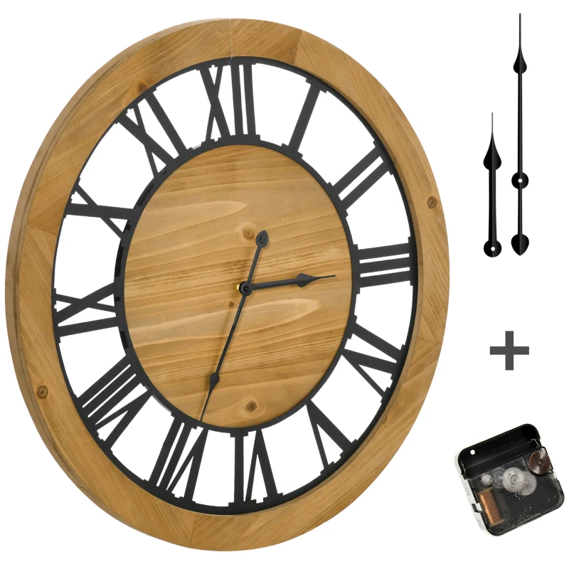 HOMCOM Wanduhr Vintage-Design 60 cm Durchmesser, mit römischen Zahlen, geräuschlos 60 cm x 60 cm x 4 cm Schwarz Natur
