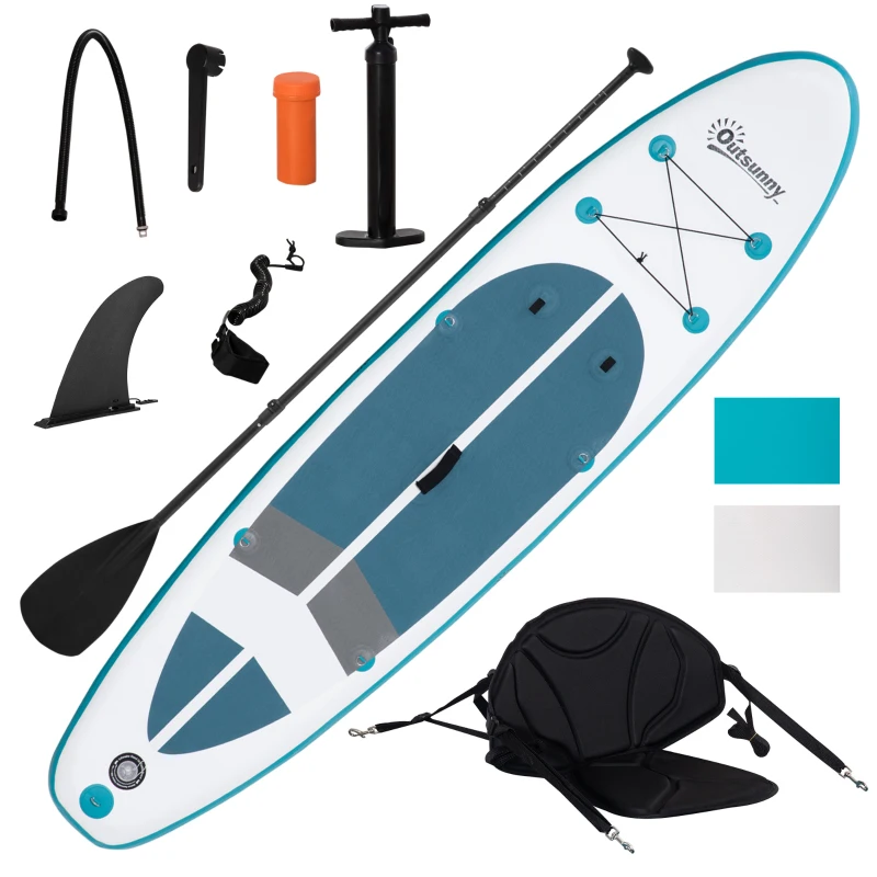 Outsunny Aufblasbares Surfbrett 320 cm Surfboard SUP Board kajak Stand Up Board aufblasbar SUP Board Set mit verstellbares Paddel Kajak Sitz faltbar EVA Rutschfest inkl. Zubehör Weiß+Blau