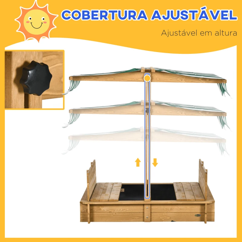Outsunny Caixa de Areia para Crianças de Madeira com Toldo Ajustável em Altura 2 Bancos e Encostos para Jardim 106x106x121 cm Natural