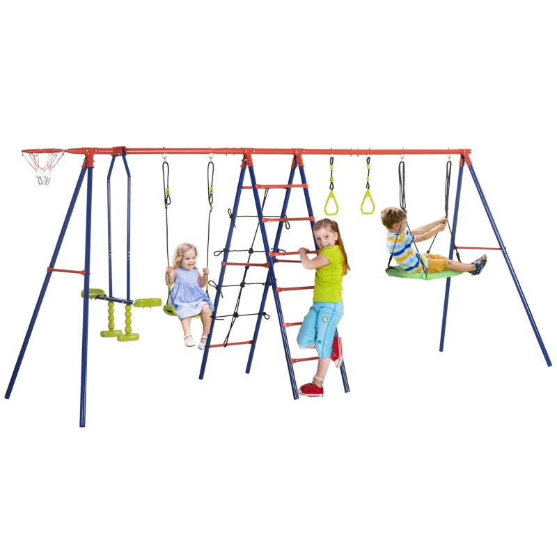 Outsunny Juego de Columpios de Jardín de Metal 6 en 1 para Niños de 3-12 Años con Canasta Escalera y Anillas 435x135x177 cm Azul