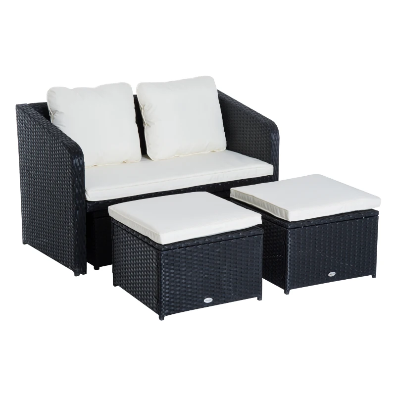 Outsunny 4-tlg. Polyrattan Gartenmöbel Sitzgruppe Gartenset Sofagarnitur Garnitur Lounge mit Kissen Schwarz 1 x Doppelsofa 1 x Couchtisch 2 x Hocker