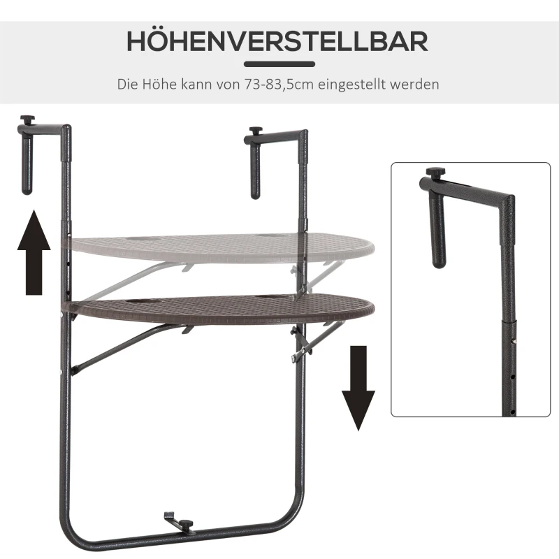 Outsunny Balkonhängetisch Hängetisch halbrund klappbar Rattan-Optik höhenverstellbar Balkon Braun 60 x 39 x 73–83,5cm