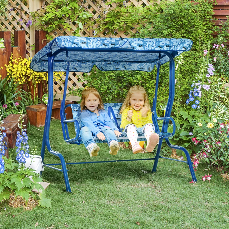 Outsunny Kinder Hollywoodschaukel Kinderschaukel mit Sonnendach 2-Sitzer Gartenschaukel für 3-6 Jahre Metall Blau 110L x 70B x 110H cm