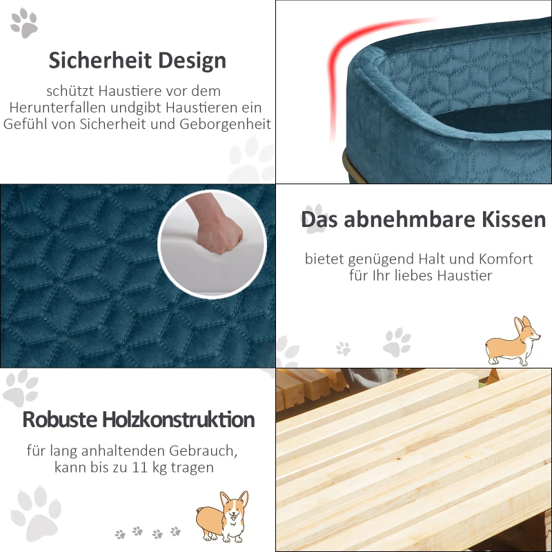 PawHut Hundesofa mit Rückenlehne Haustiersofa mit Metallbeinen Hundebett Weichem Bezug Katzensofa Metall Blau+Gold 63,5 x 43 x 24,5 cm