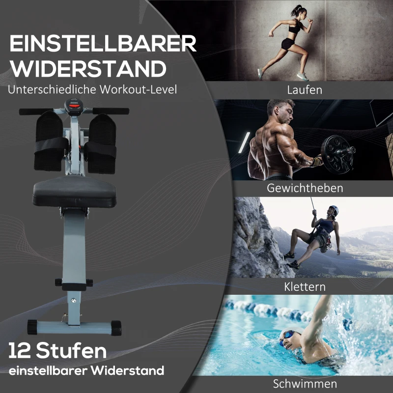 HOMCOM roeitrainer roeiapparaat fitness roeien hometrainer, met LCD display, staal + PVC, grijs, 130 x 67,5 x 67 cm(m-6)