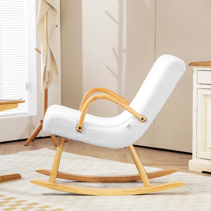 HOMCOM Poltrona Baloiço Moderna Estofada em Lã com Apoio para os Braços e Pés de Madeira 60x93x86 cm Branco e Madeira