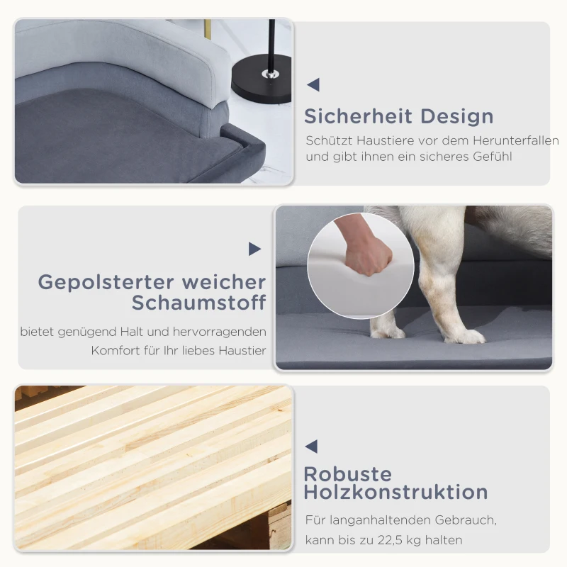 PawHut Hundesofa mit Rückenlehne, Haustiersofa mit Holzbeinen, Hundebett Weichem Bezug Katzensofa Grau 86,5x 61x36 cm