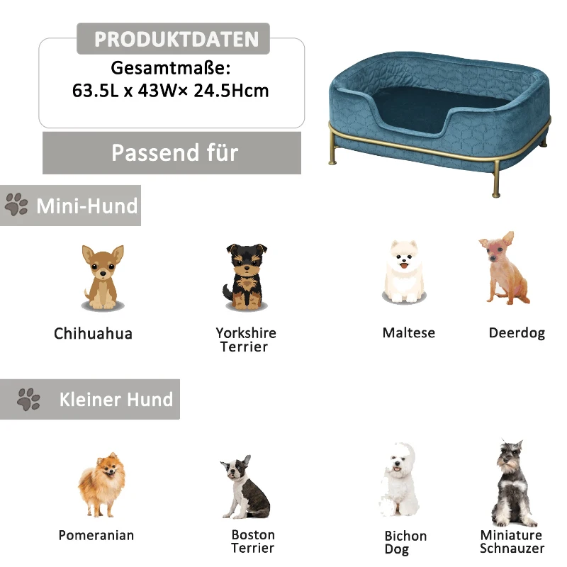 PawHut Hundesofa mit Rückenlehne Haustiersofa mit Metallbeinen Hundebett Weichem Bezug Katzensofa Metall Blau+Gold 63,5 x 43 x 24,5 cm