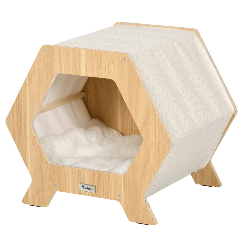 PawHut Katzenhöhle inkl. waschbaren Kissen, modernes Design 49,5 cm x 38,5 cm x 43,5 cm; Natur + Weiß + Beige