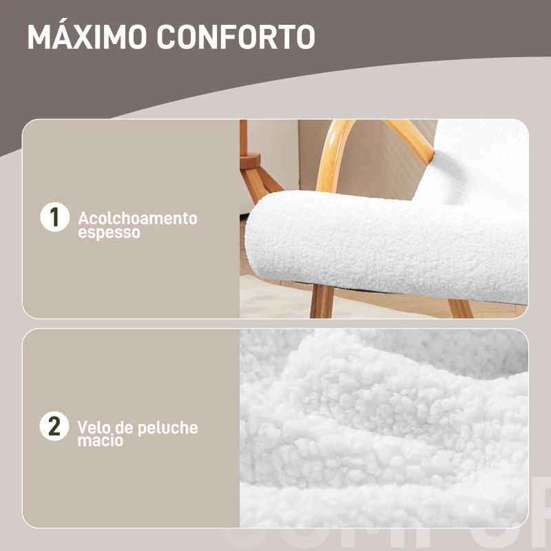 HOMCOM Poltrona Baloiço Moderna Estofada em Lã com Apoio para os Braços e Pés de Madeira 60x93x86 cm Branco e Madeira