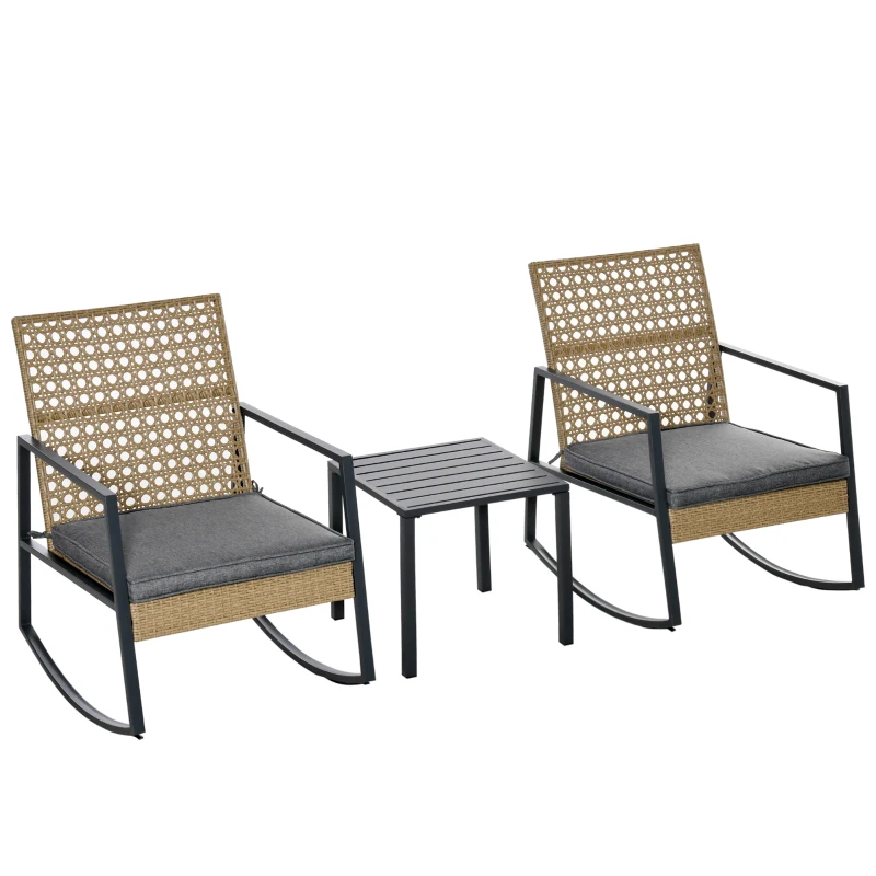 Outsunny Rattan-Schaukelstuhl Bistroset für 2 Personen 2 Stühle 1 Tisch mit Kissen Natur+Grau