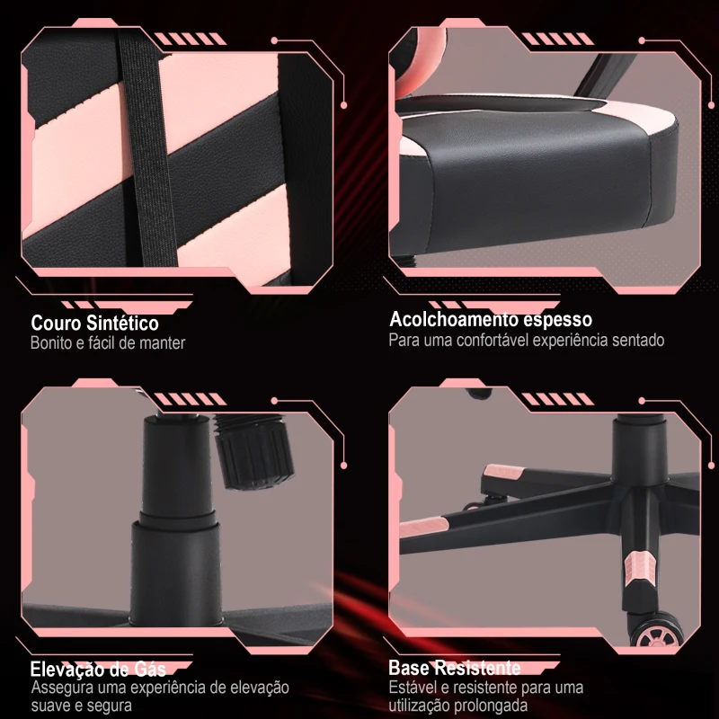 Vinsetto Cadeira Gaming com Altura Regulável Basculante Apoio de Cabeça e Almofada Lombar 61x70x121-129 cm Rosa e Preto