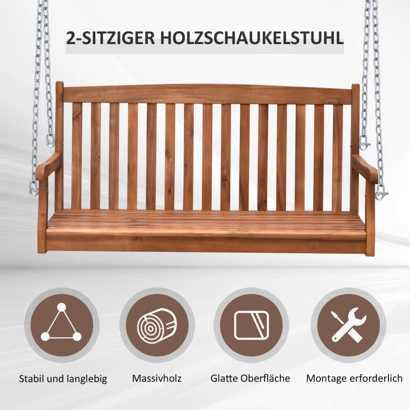 Outsunny Hängebank Gartenschaukel Hollywoodschaukel 2-Sitzer mit Ketten Holz Natur B122 x T61 x H59cm