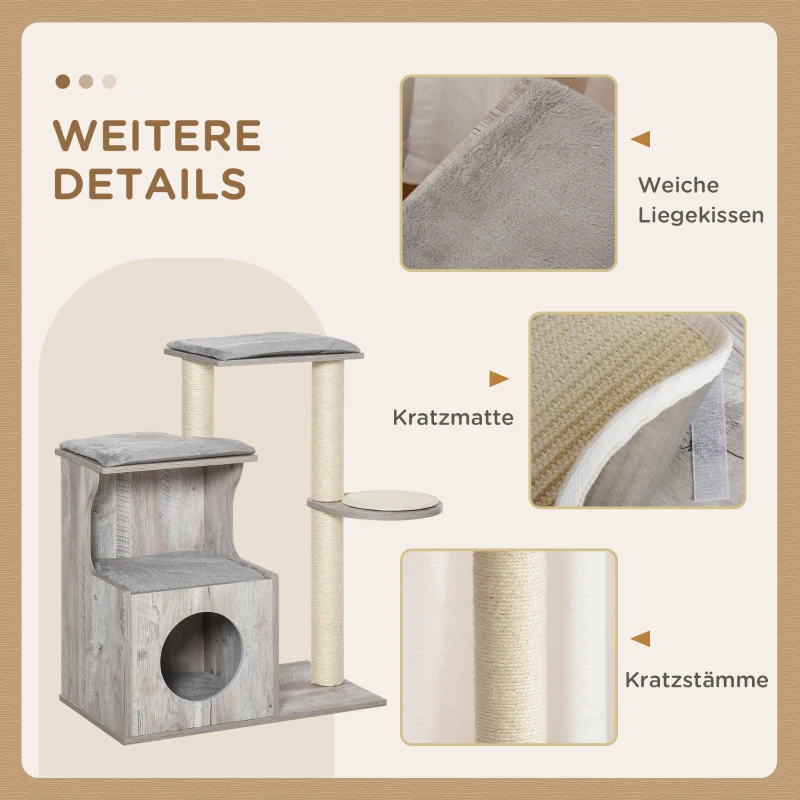 PawHut Kratzbaum mit Katzenhöhle Katzenbaum Kletterbaum für Katzen E1 MDF Sisal Grau 66 x 38 x 88 cm