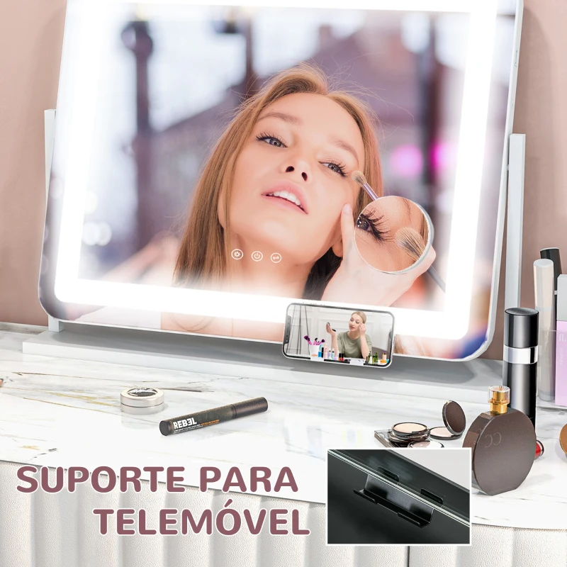 HOMCOM Espelho de Maquilhagem com Luzes 3 Modos de Iluminação Suporte para Telemóvel e Entrada USB  62,5x14x49,5 cm Branco
