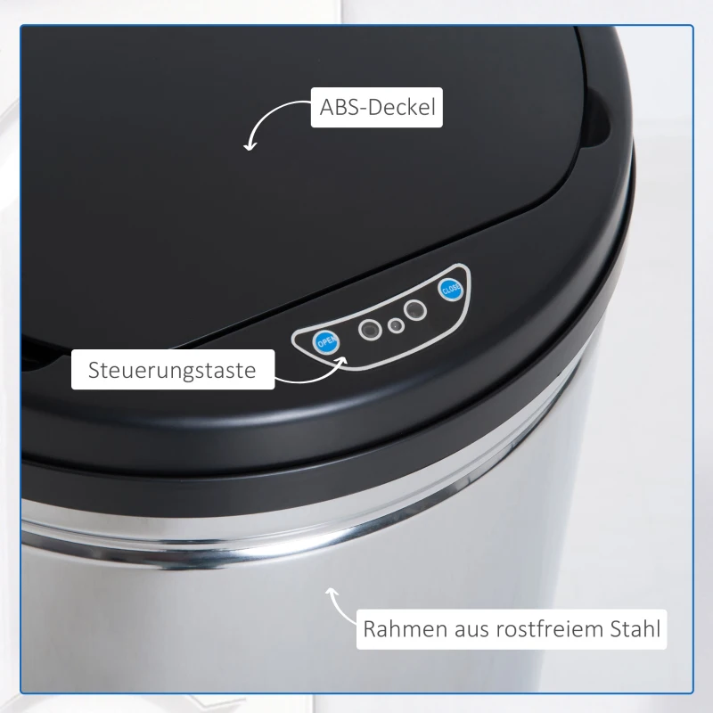HOMCOM Sensor Mülleimer 50L Automatischer Mülleimer mit Soft-Close-Deckel, Bewegungssensor, Wasserdichter Abfalleimer Müllbehälter Abfallbehälter für Büro, Schlafzimmer, Küchen Schwarz+Silber