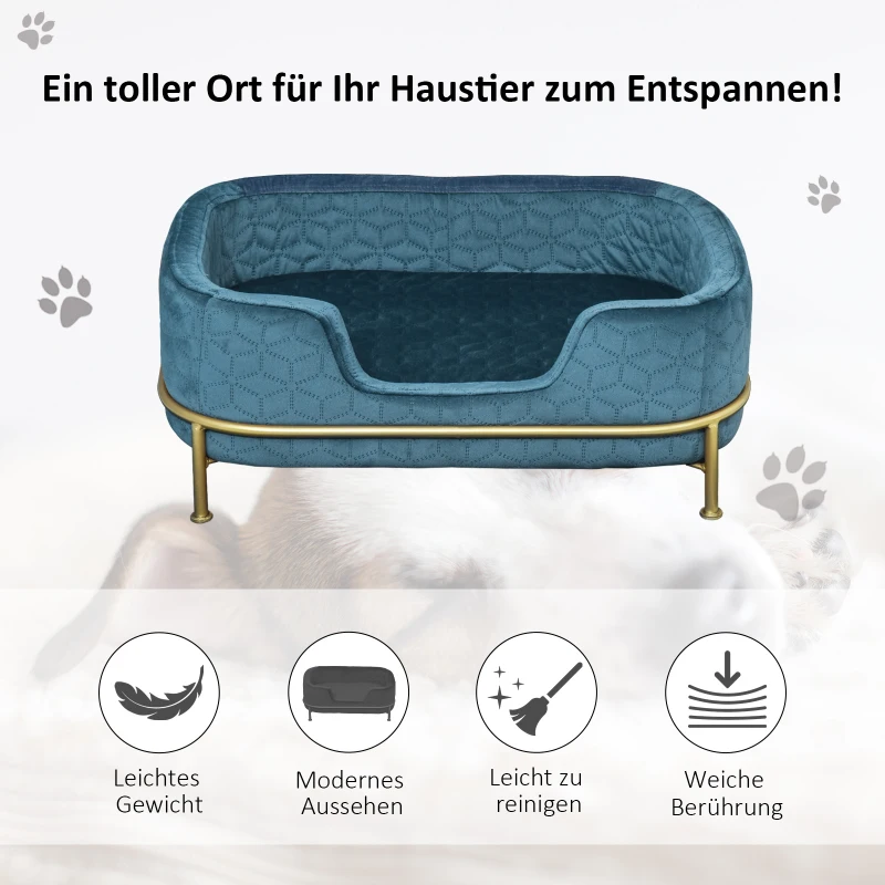 PawHut Hundesofa mit Rückenlehne Haustiersofa mit Metallbeinen Hundebett Weichem Bezug Katzensofa Metall Blau+Gold 63,5 x 43 x 24,5 cm