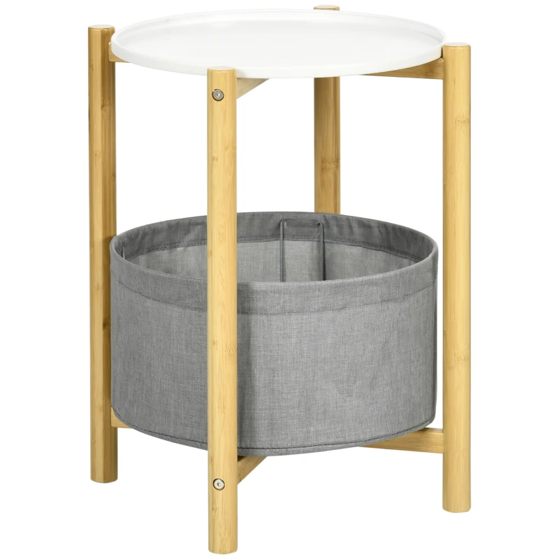 HOMCOM Beistelltisch mit abnehmbarem Tablett, 1 Aufbewahrungskorb, Bambus, 45 cm x 45 cm x 54 cm, Weiß + Natur + Grau