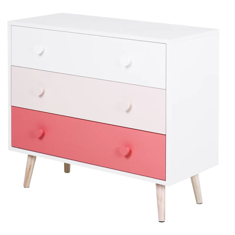 HOMCOM Kinderzimmer Schrank mit 3 Schubladen, Kinderschrank, Kommode, Aufbewahrung, Kiefernholz, MDF, Rosa, 90 x 42 x 80 cm
