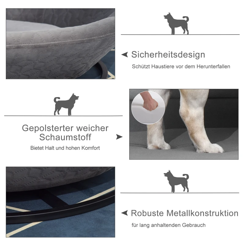 PawHut Hundesofa in Beckenform mit Weichem Bezug, Drehbar Haustiersofa mit Metallbeinen, Hundebett Katzensofa Grau 72x72x21 cm