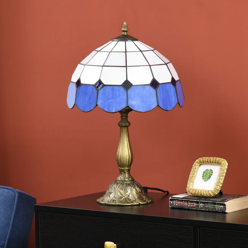 HOMCOM Candeeiro de Mesa com Desenho de Vitrais Coloridos  Candeeiro de Mesa de Vidro para Dormitório Sala de Estar Escritório Ø31x48 cm Azul