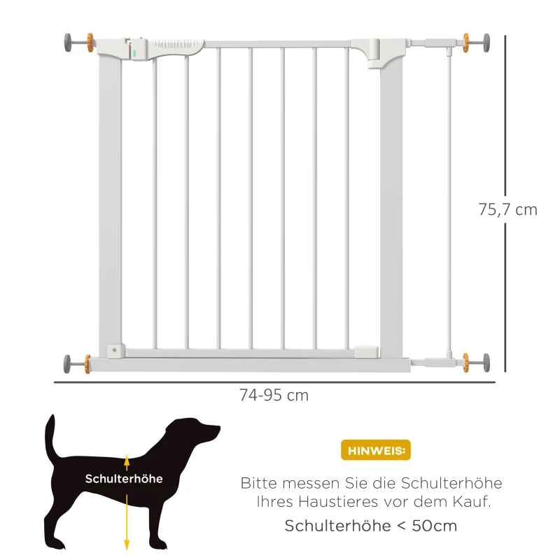 PawHut Türschutzgitter Treppenschutzgitter mit Verlängerung Türgitter ohne Bohren Treppengitter für Breiten 74-95 cm Metall Weiß