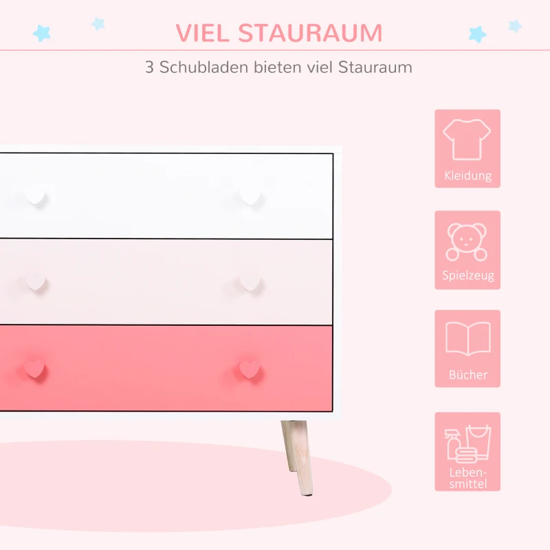 HOMCOM Kinderzimmer Schrank mit 3 Schubladen, Kinderschrank, Kommode, Aufbewahrung, Kiefernholz, MDF, Rosa, 90 x 42 x 80 cm