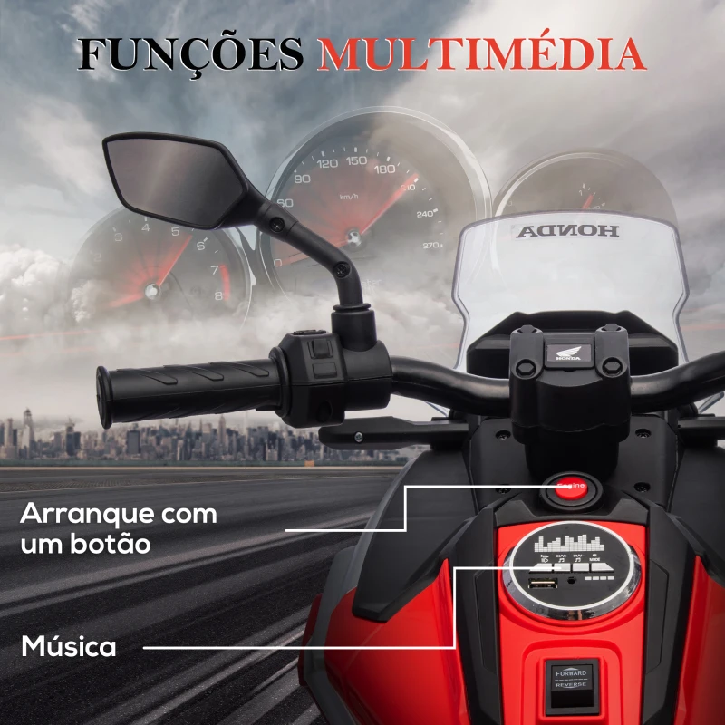 AIYAPLAY Moto Elétrica para Crianças de 3-6 Anos com Licença Honda com USB MP3 Luz LED e Velocidade 3 km/h Carga 30 kg Vermelho