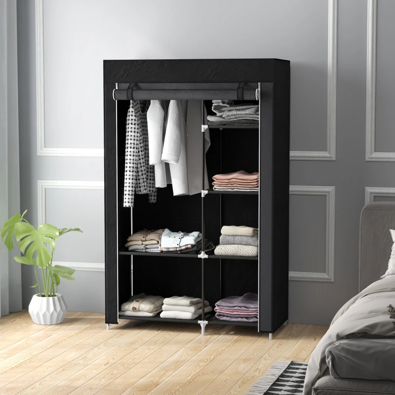 HOMCOM Roupeiro de Tecido Dobrável com 6 Prateleiras e 1 Barra de Pendurar para Dormitório Vestidor 103x43x162,5 cm Preto