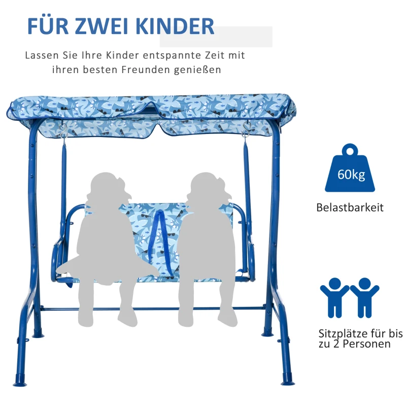 Outsunny Kinder Hollywoodschaukel Kinderschaukel mit Sonnendach 2-Sitzer Gartenschaukel für 3-6 Jahre Metall Blau 110L x 70B x 110H cm