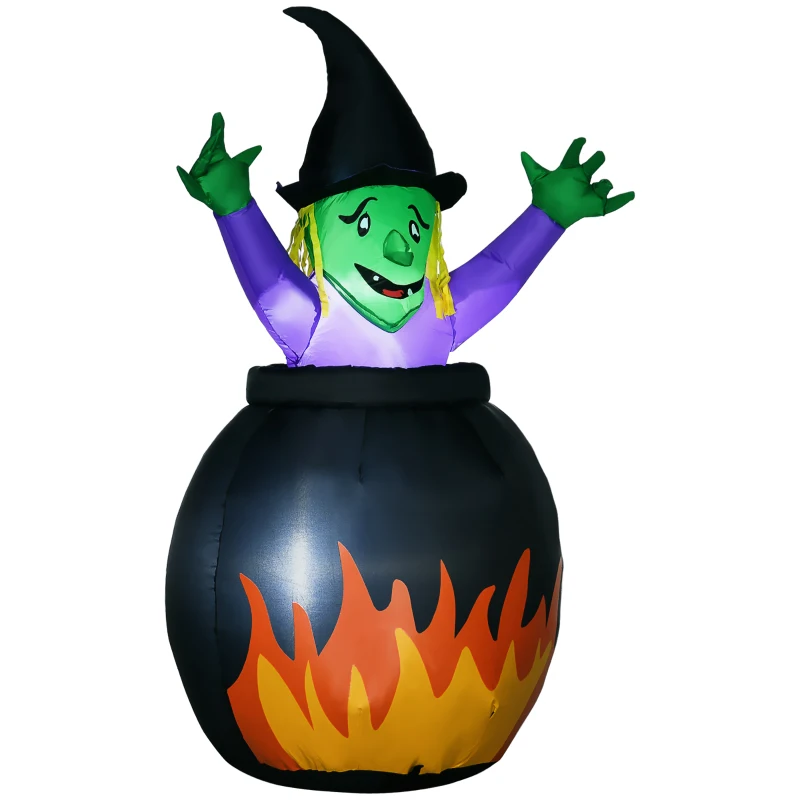 HOMCOM Halloween-Dekoration, Hexe im Hexenkessel, selbstaufblasbar, interne LED-Beleuchtung, 1,15 x 0,95 x 1,75m