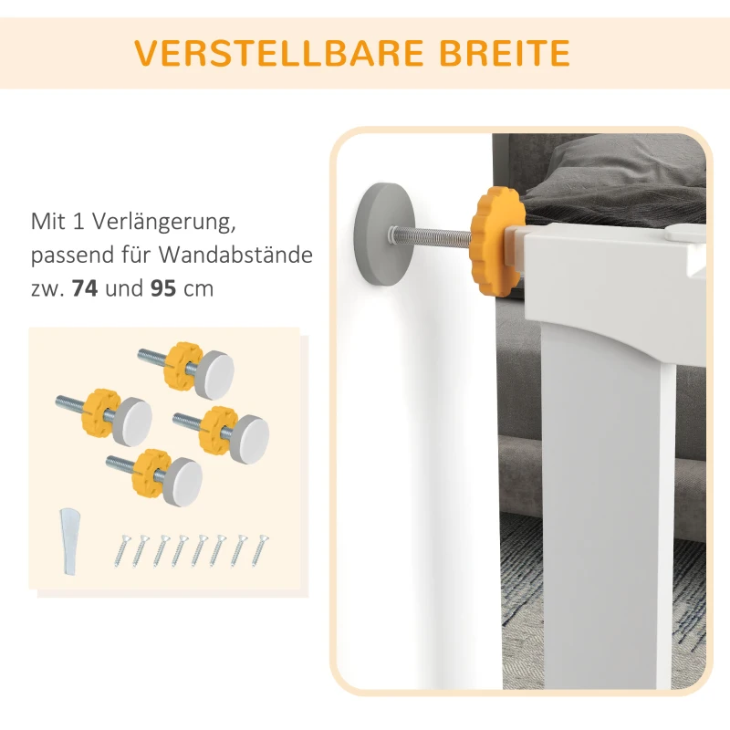 PawHut Türschutzgitter Treppenschutzgitter mit Verlängerung Türgitter ohne Bohren Treppengitter für Breiten 74-95 cm Metall Weiß